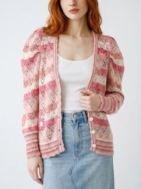 LoveShackFancy Pink and White Crochet Cardigan strawberry rose valentines